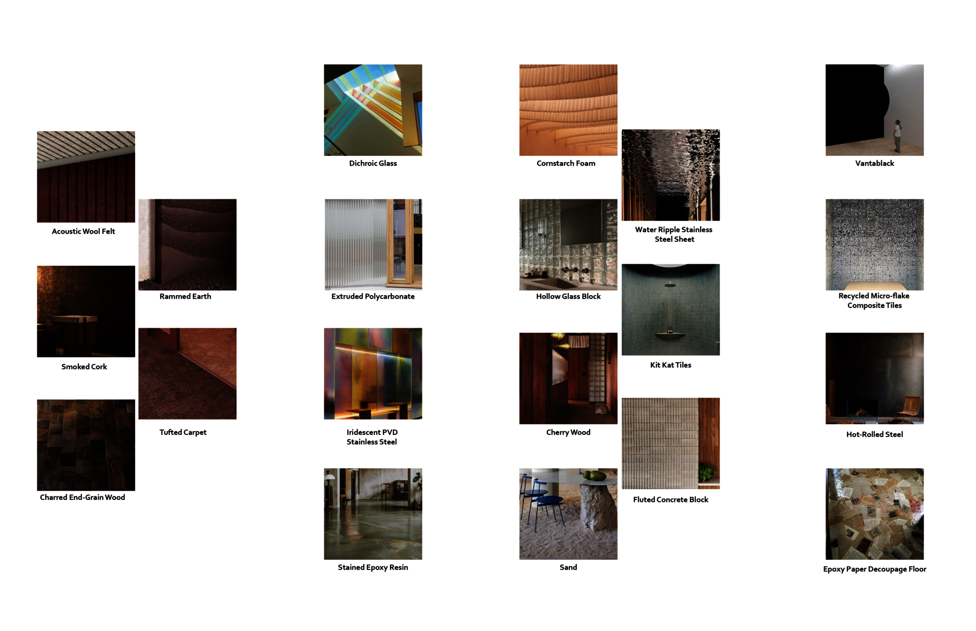 A curated white mood board displaying four columns of labeled architectural material swatches. It contrasts earthy textures like rammed earth with modern finishes like iridescent glass and stark Vantablack.