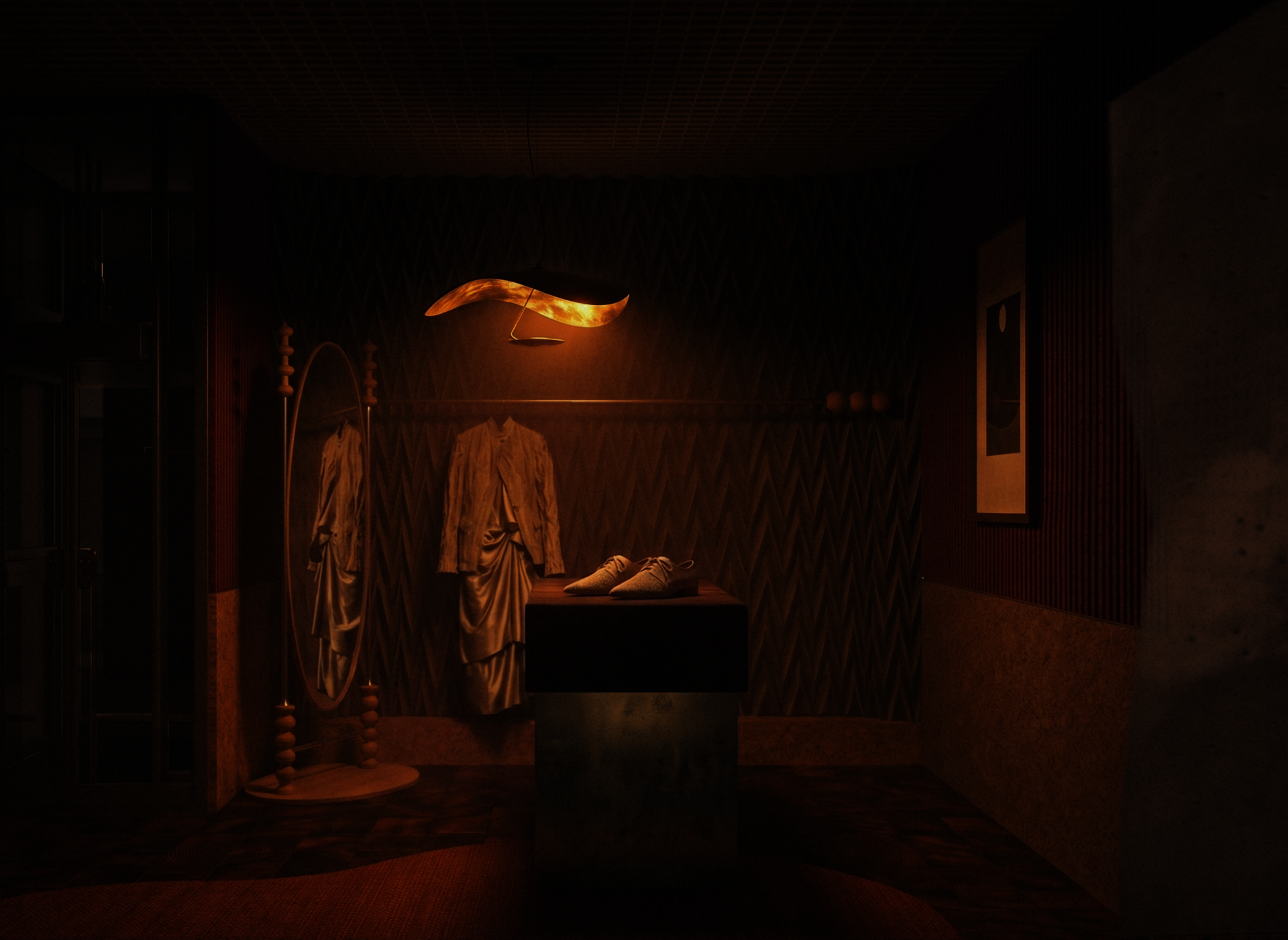 In a moody, amber-lit room, a wavy gold pendant illuminates pale shoes on a central plinth. Behind, a light garment hangs against a textured zig-zag wall beside an oval mirror.