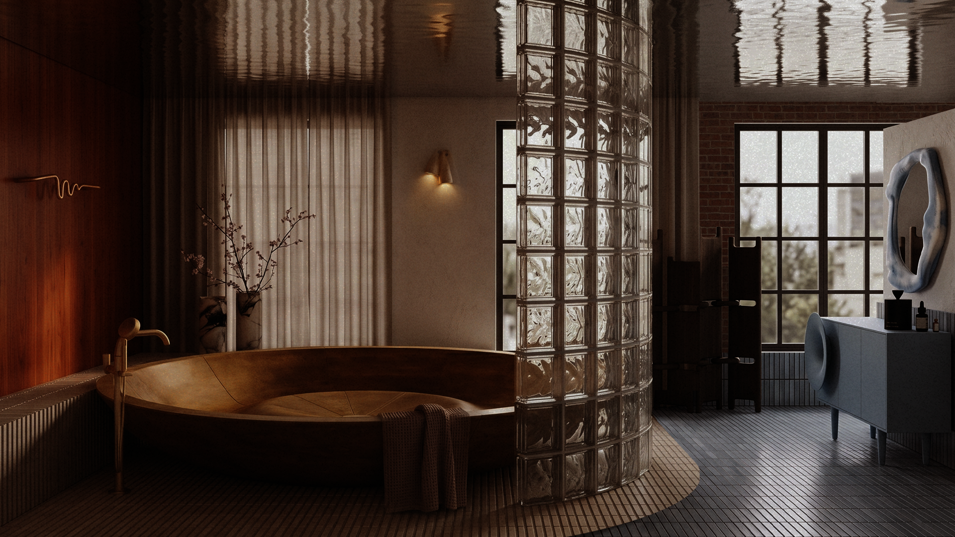 Beneath a reflective ceiling, a large circular wooden tub anchors a serene bathroom. A curved glass-block wall partially encloses it, contrasting with a pale blue vanity on the right.