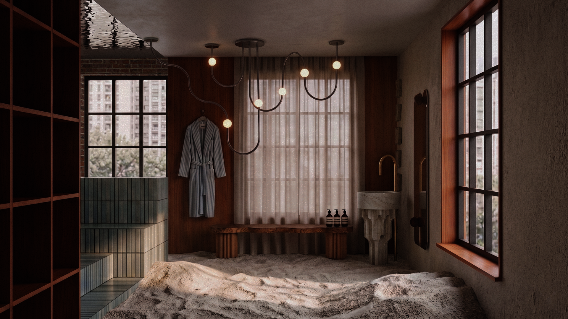 An undulating sand floor grounds a surreal, earthy bathroom. A winding, tubular ceiling light illuminates a striped robe, a wooden bench, and a carved stone sink against wood paneling.