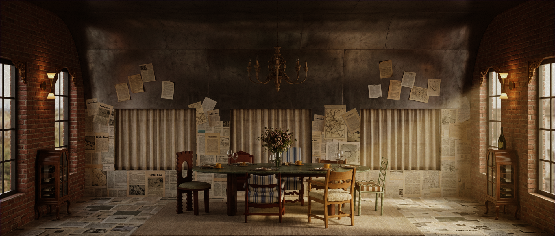 Sunlight warms an eclectic dining room flanked by brick walls. Beneath a curved metal ceiling, a chandelier centers an oval table, while scattered papers haphazardly plaster the back wall.