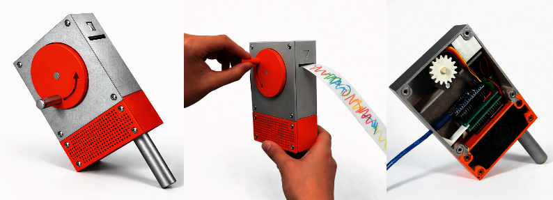 Silver and orange Jukebox 2.0 device that reads colored drawings and converts them into music.