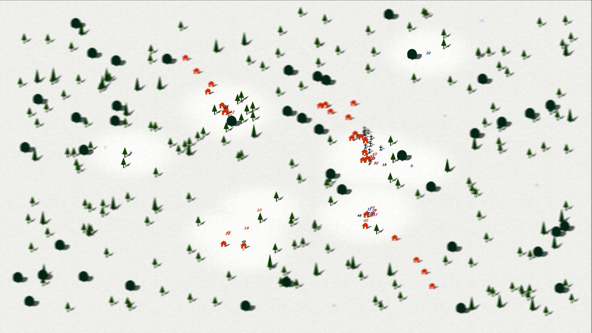 Top-down view of a minimal simulation landscape with scattered trees and small colored figures clustering and moving across a light background.