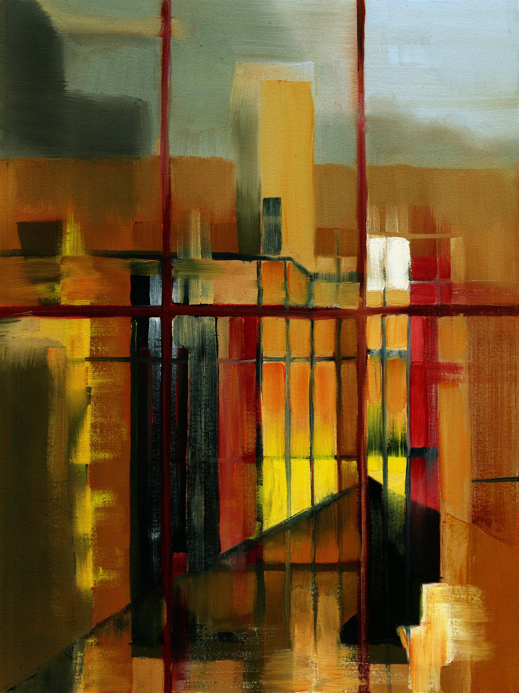 A warm painting of sunset light falling on the building facade in a courtyard opposite a window. The window grid structures the composition, with color bleeding softly across its dividing lines