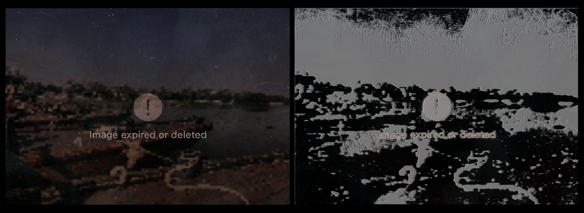 Blurred riverside with boats under blue sky labeled “Image expired or deleted”; right shows high-contrast degraded version with same text.