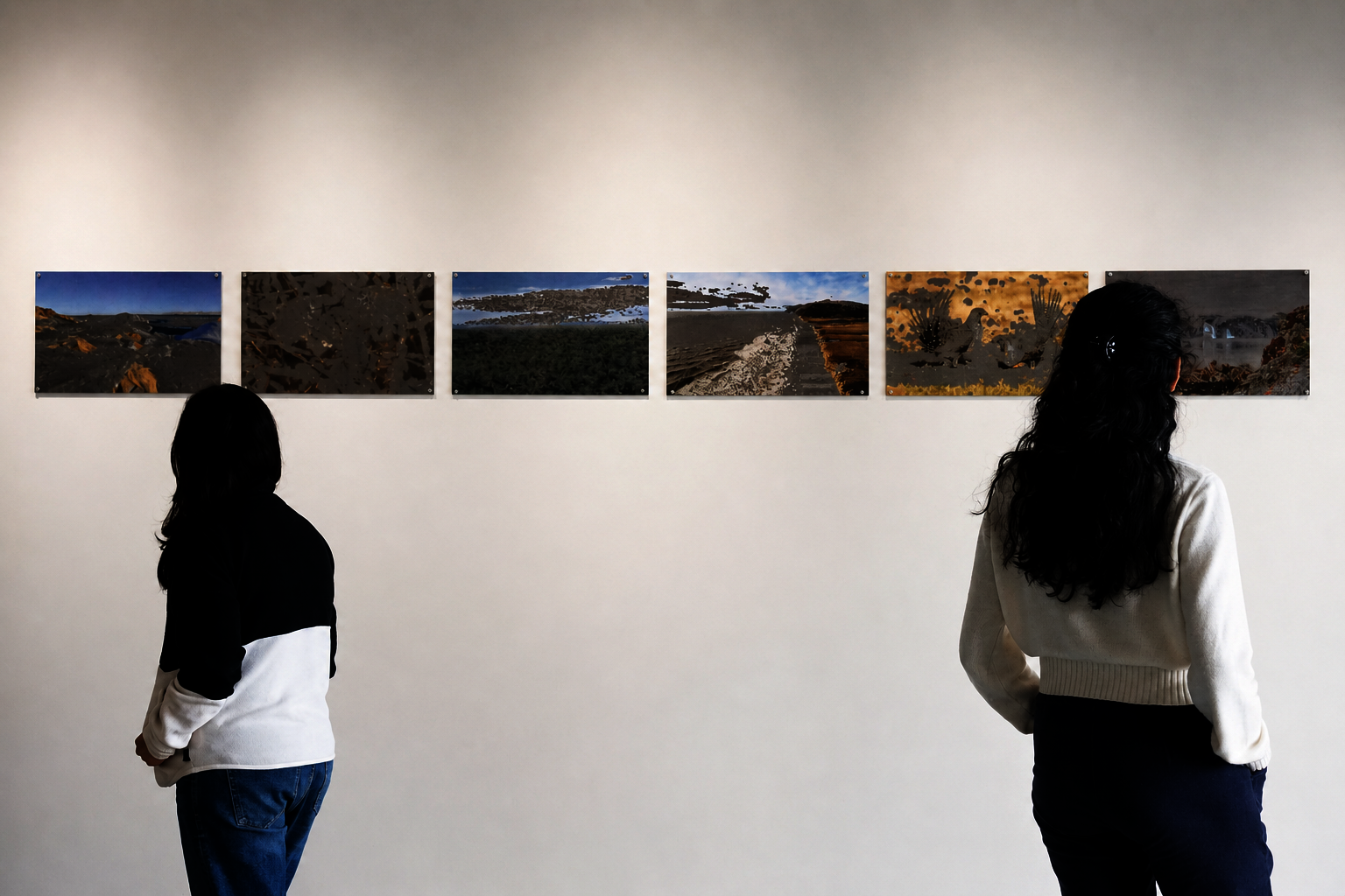 "Two viewers look at a horizontal row of six landscape photographs. The images show varied terrains like rocky desert, dried earth, a shoreline, eroded cliffs — all in muted earth tones, and several appear to have areas of visual disruption or digital intervention where portions of the landscape seem to dissolve as though parts of the image have been selectively eroded or composited. "