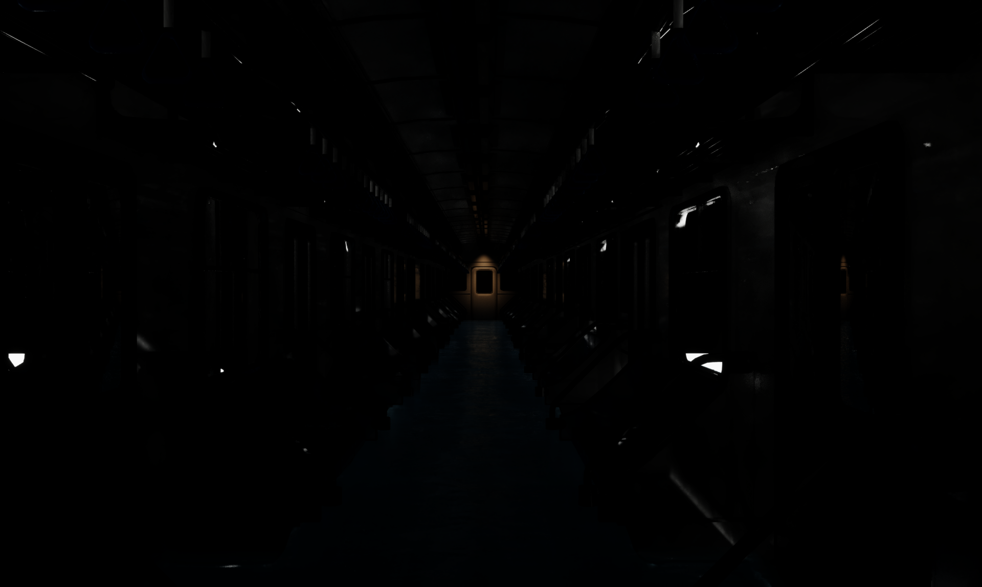 A dark, empty subway carriage with a long aisle, rows of seats, hanging straps, and dim light glowing softly at the far end.