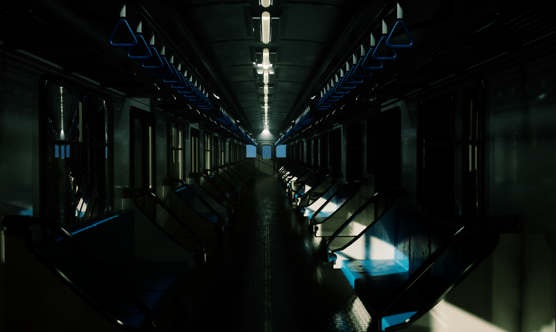 A bright, empty subway carriage with a long central aisle, blue hand straps, rows of seats, and light streaming through windows, leading toward a distant door.