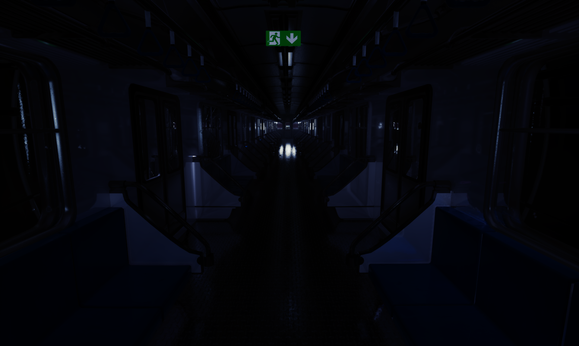 A dim, empty subway carriage with blue seats and hanging straps, a long reflective aisle, and a glowing green exit sign above, fading into misty light ahead.