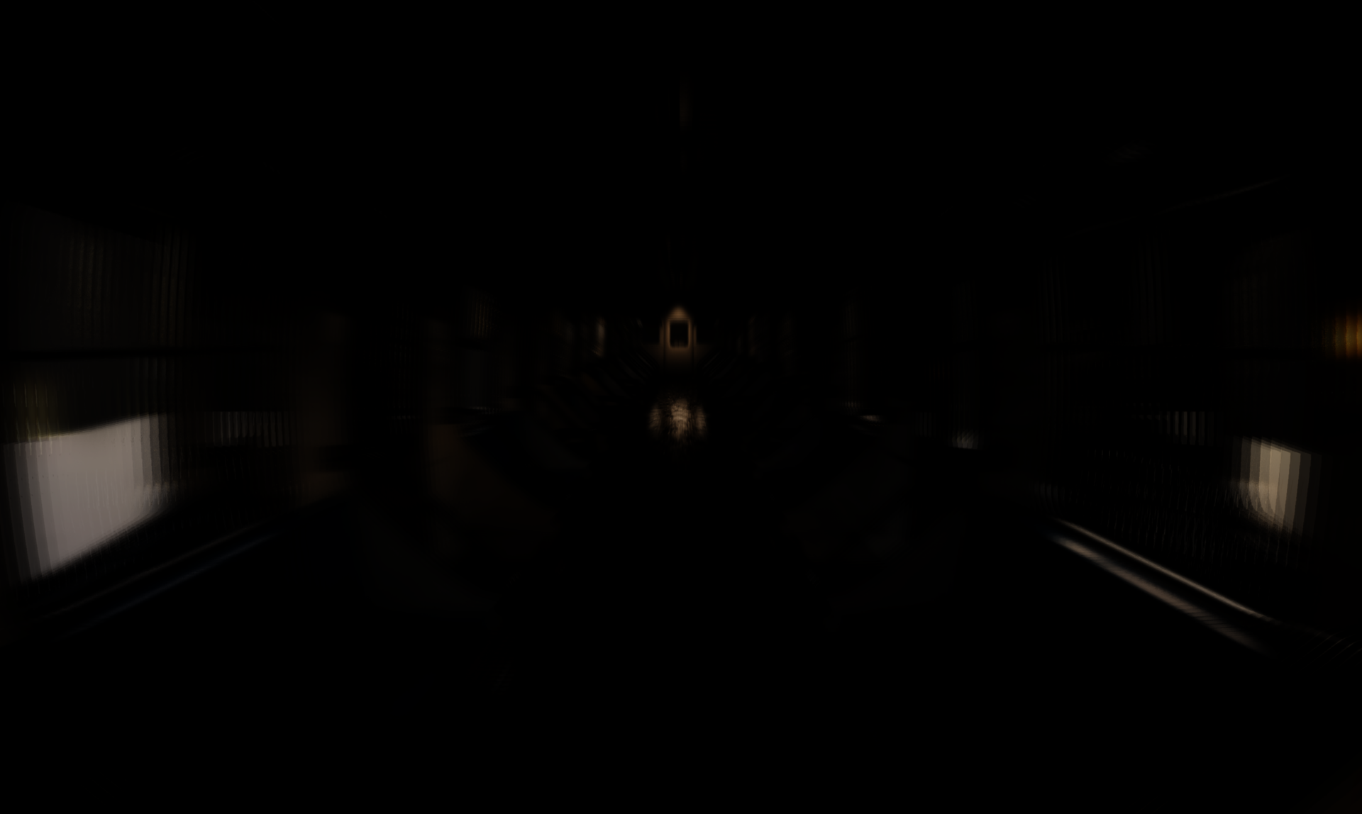 A dark subway carriage with strong motion blur, a long central aisle, and faint light at the end, creating a fast, tunnel-like and disorienting feeling.