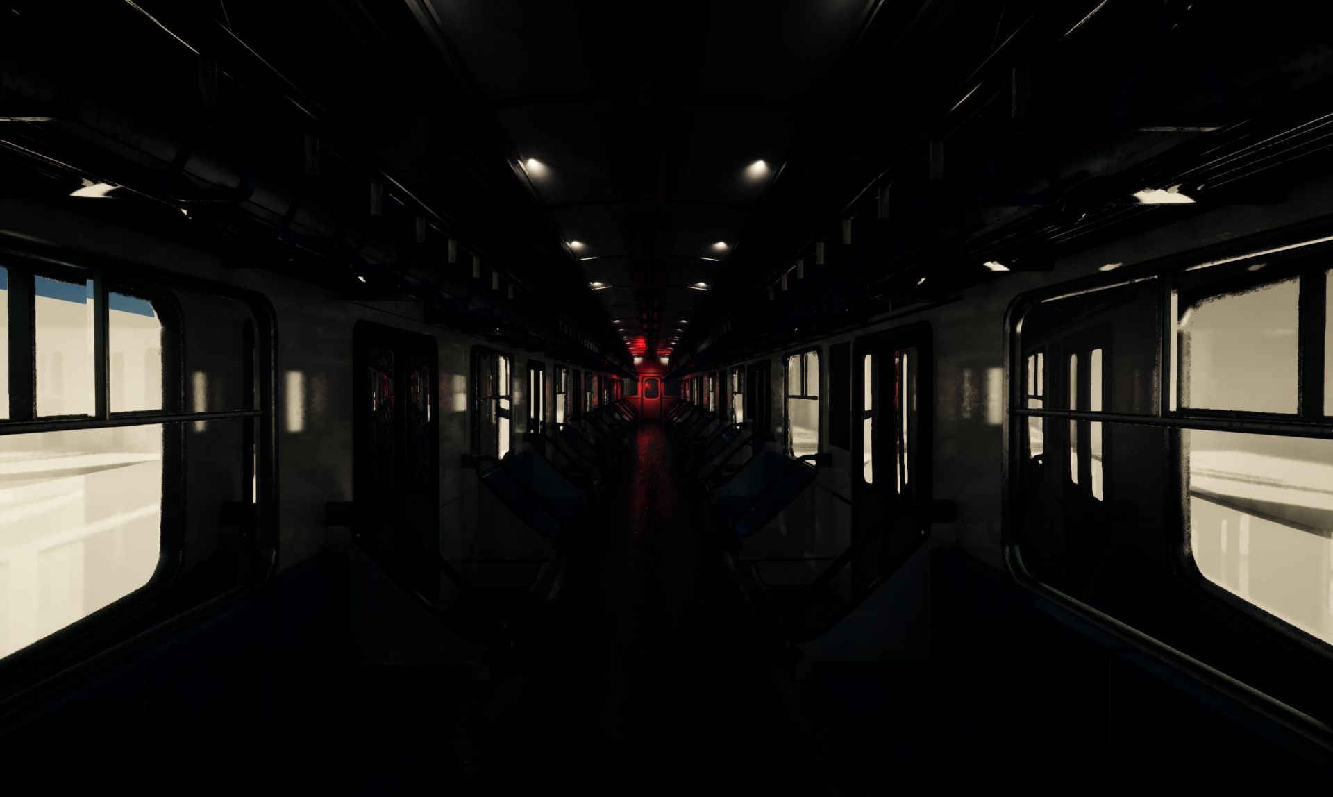 A subway carriage with a long central aisle, blue seats and straps, bright light from the windows, and a red glow at the far end creating a tense, cinematic atmosphere.