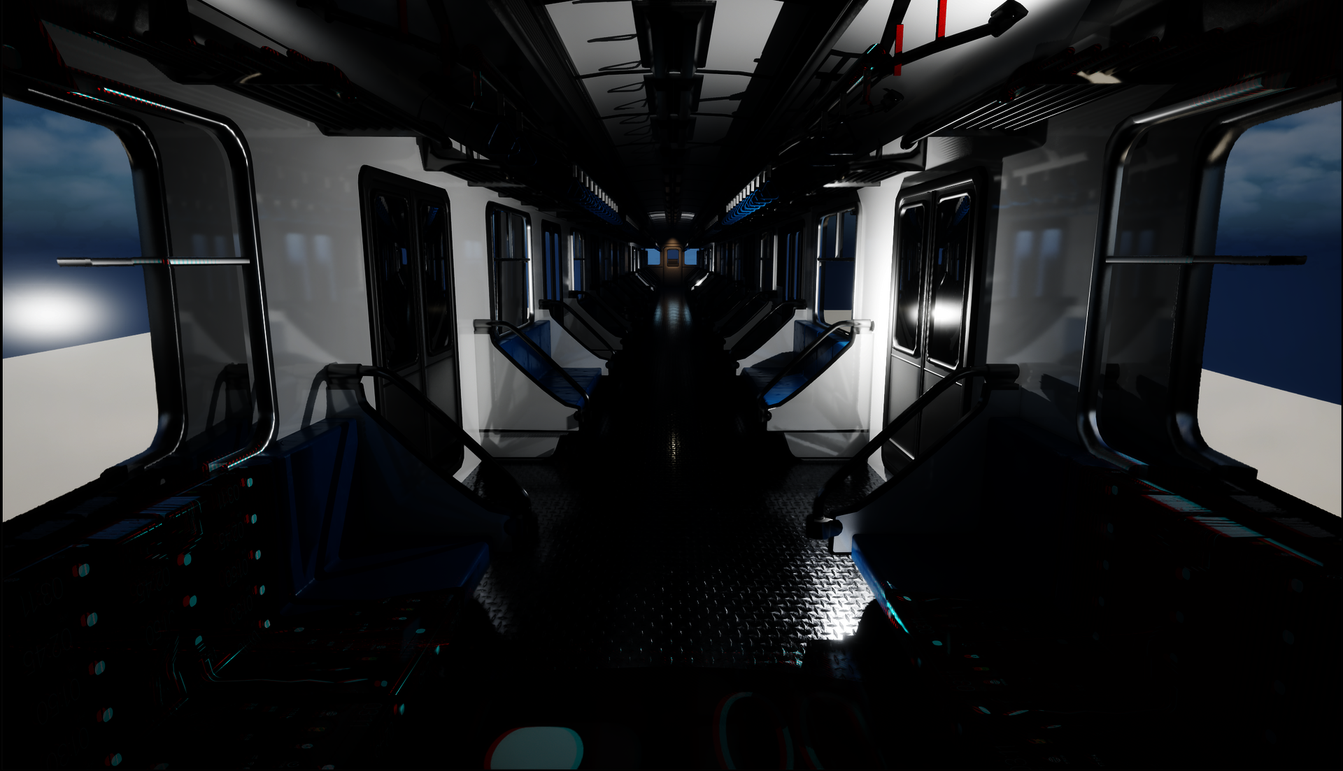 A subway carriage with a long aisle, blue seats and straps, bright daylight outside, and glitch-like red and blue distortions overlaying the scene.