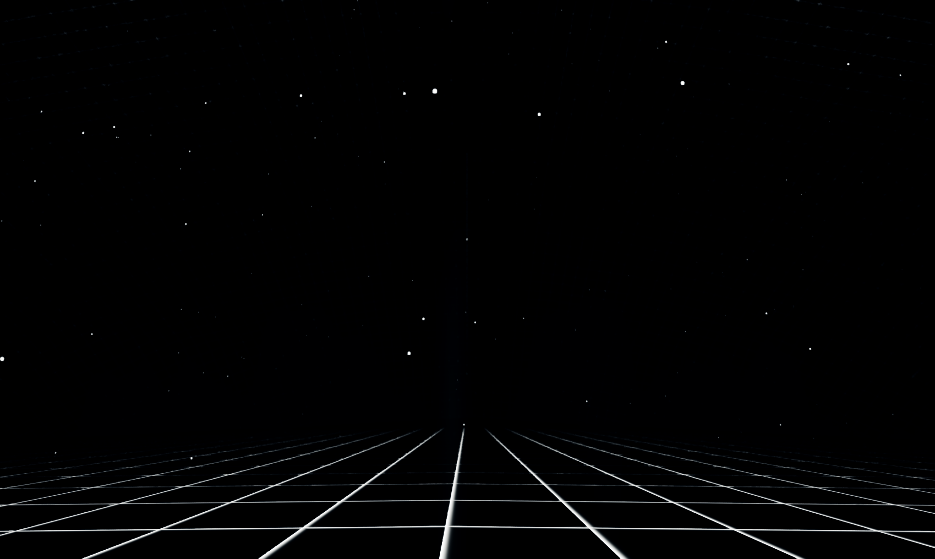 A dark, futuristic space with a glowing grid floor and walls, dotted with stars, converging toward a central vertical light beam in the distance.