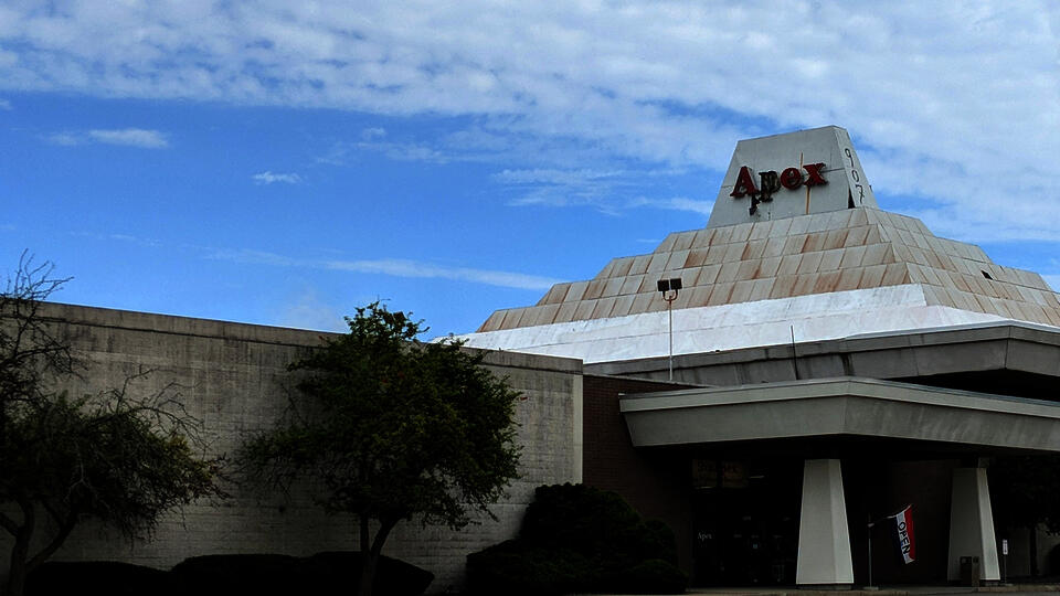 The ziggurat roof line of the Apex building in Pawtucket, RI