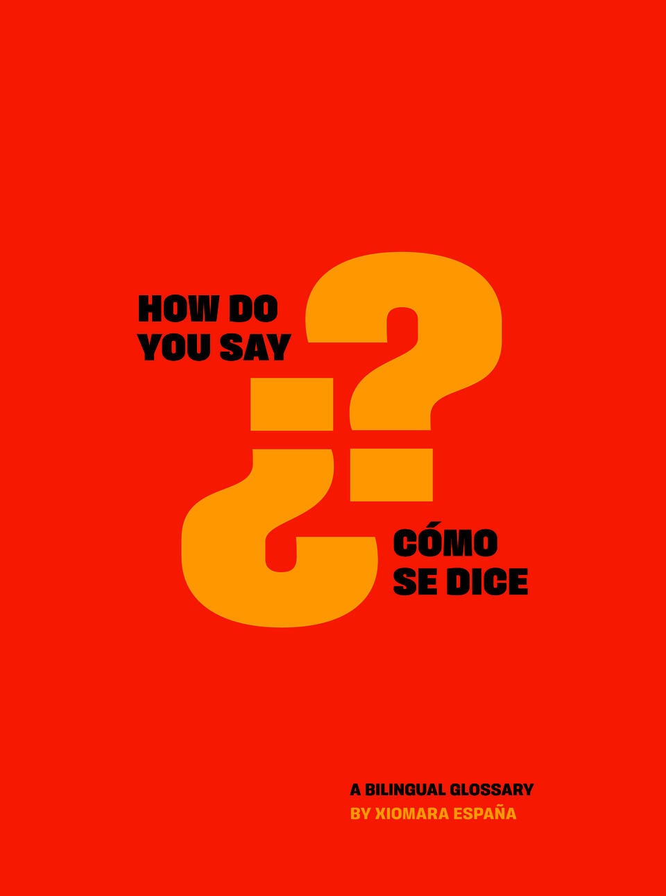 Orange poster with the words 'How do you say' and 'Cómo Se Dice' and two large yellow question marks