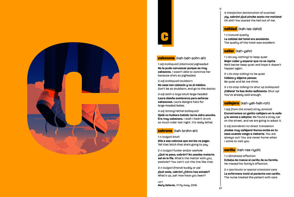 Book spread with a yellow left page with a large letter 'c' and text on the right page