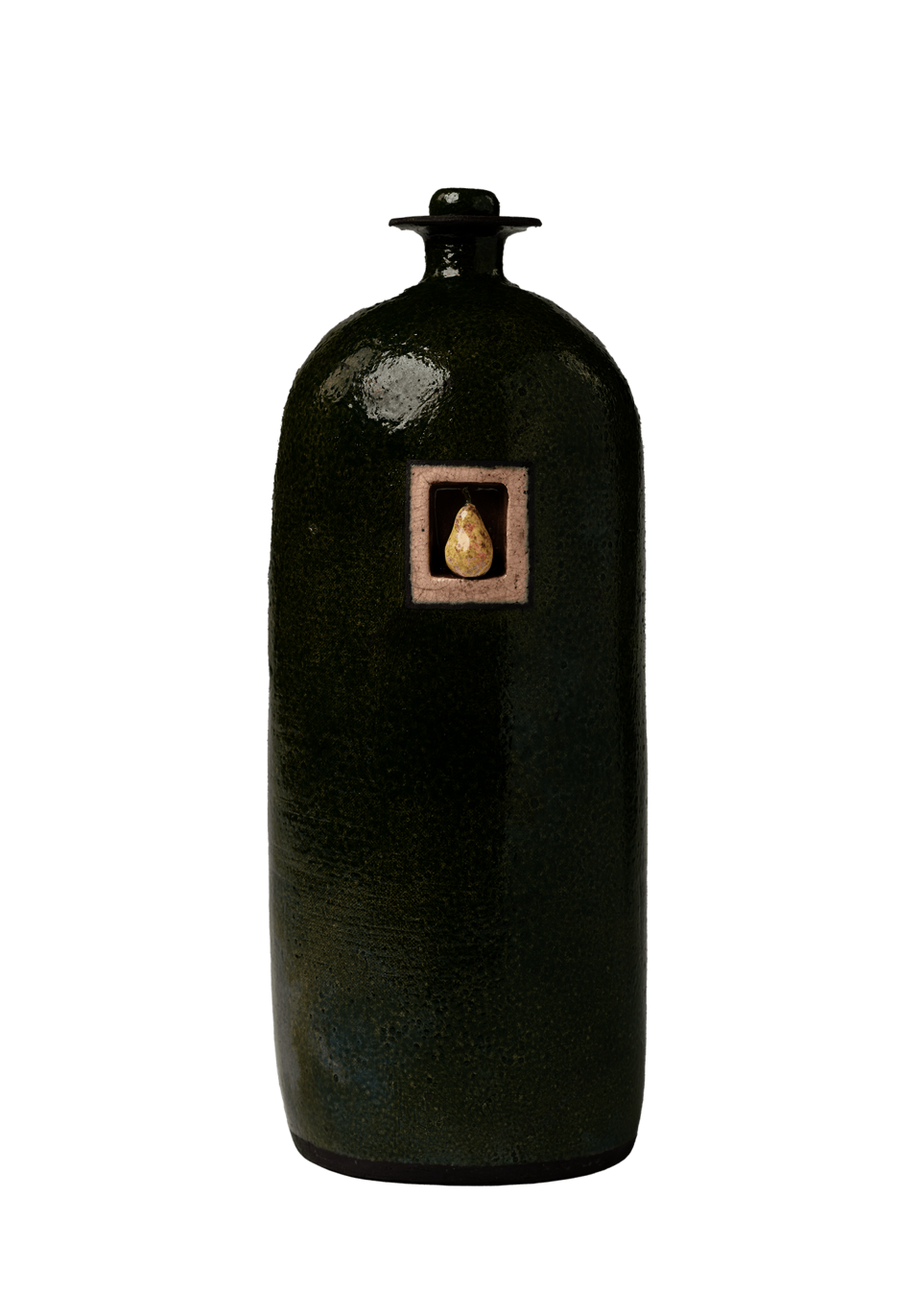 Tall green bottle with a small neck and a thin, flat rim. Square cut out in the upper center of the bottle with a yellow 3-dimensional pear inside.