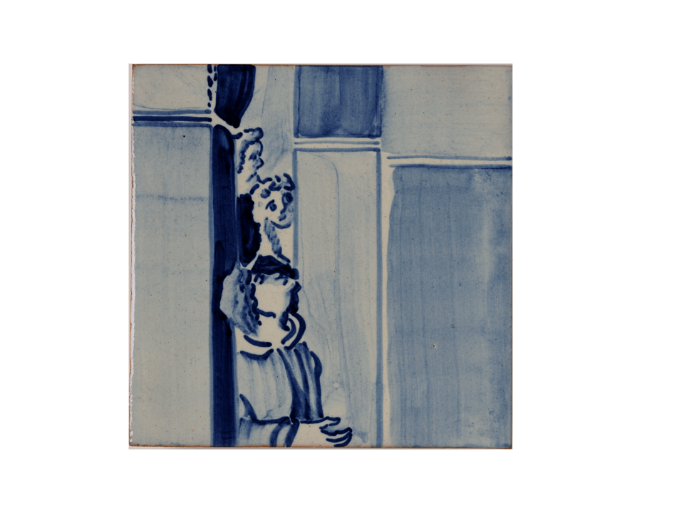 Ceramic tile with a painting of three figures looking from a doorway in blue glaze