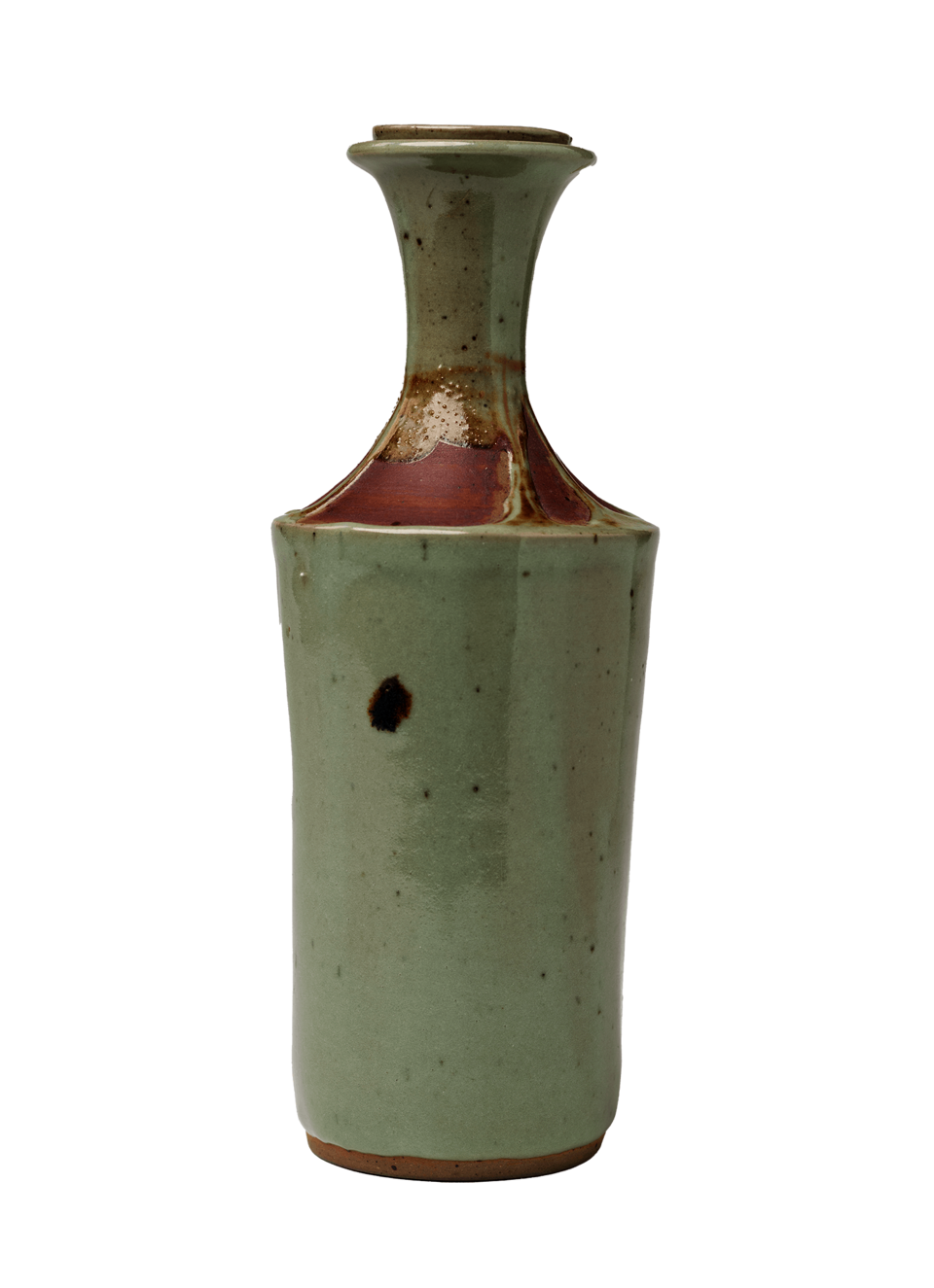 Bottled-shaped decanter with thin neck and flared rim. Light green body with rust colored shapes on the neck.