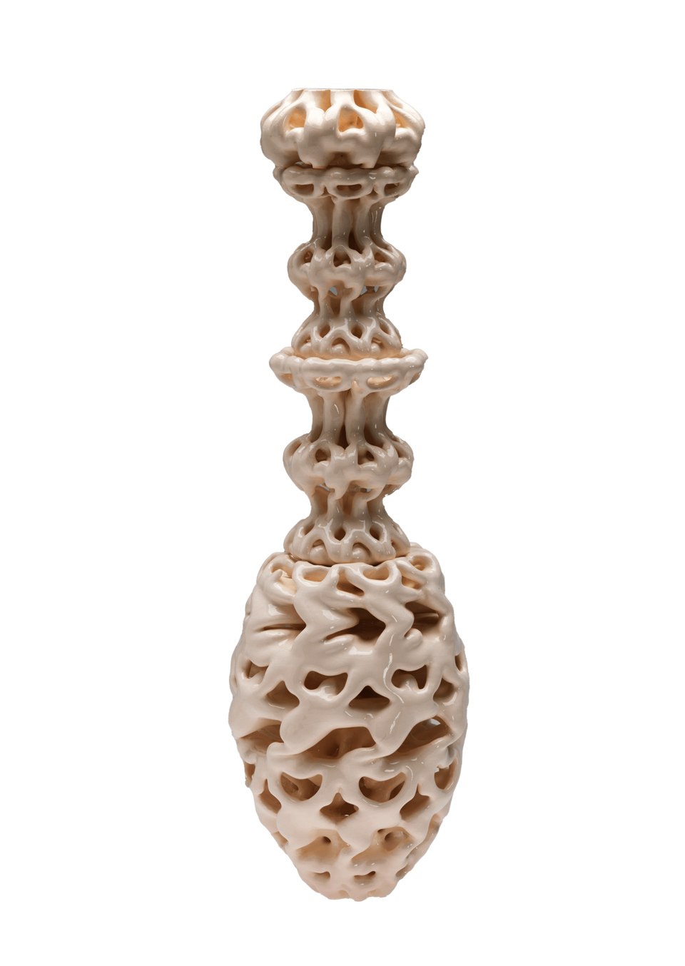 A tall, intricate white sculpture 