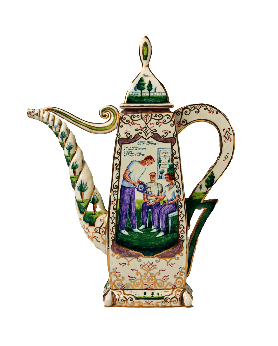 A cream-colored teapot with gold designs. In the center image, a standing figure pours tea to two seated figures. Text above their heads reads: “I don’t recall how it happened[,] that I found a teacup in my hand[,] I heard a distant echo but didn’t listen.”