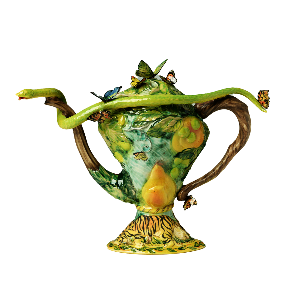 Teapot with leaves, pears, and butterflies on body. Tiger on the base. 3-dimensional butterflies on top of teapot and handle. Green 3-dimensional snake stretches from spout to handle.
