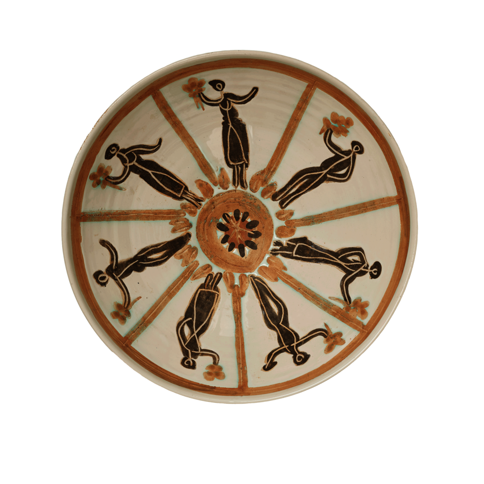 Interior of the same bowl. Dark brown figures with scratched outlines holding flowers, separated by orange lines, arranged in a circular pattern around an orange circle in the center. 