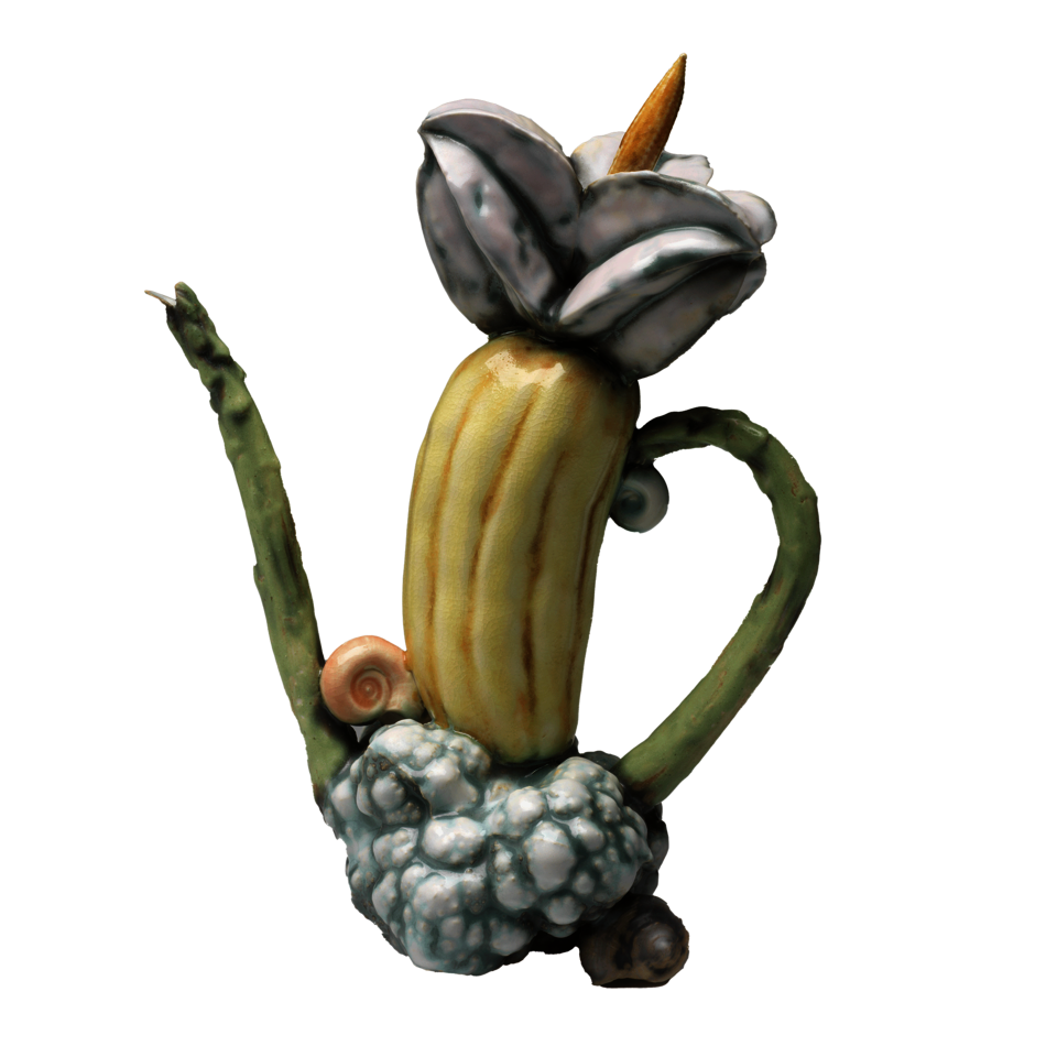 A teapot in the form of different vegetables and mollusks, glazed in pale green, yellow, and blue colors.