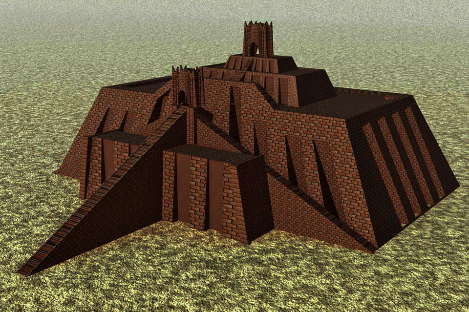 3D computer rendering of the Ziggurat of Ur, as imagined by archeologists. The tan stone building has four square levels, with large sloping staircases and two gateways.