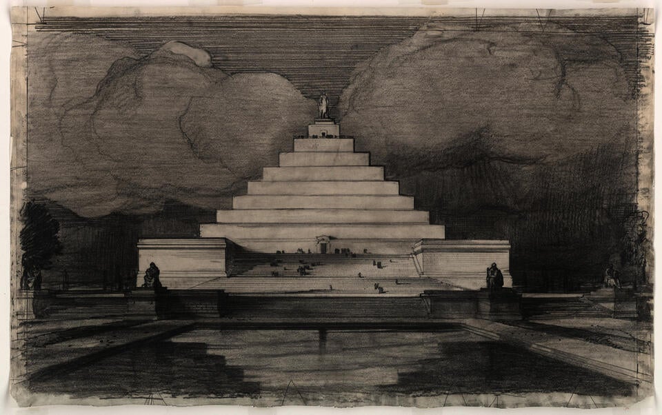 Black and white architectural drawing of a proposal for the Lincoln Monument, in the shape of a ziggurat, or stepped pyramid. We see the monument straight on, with a reflecting pool below and a statue on top.