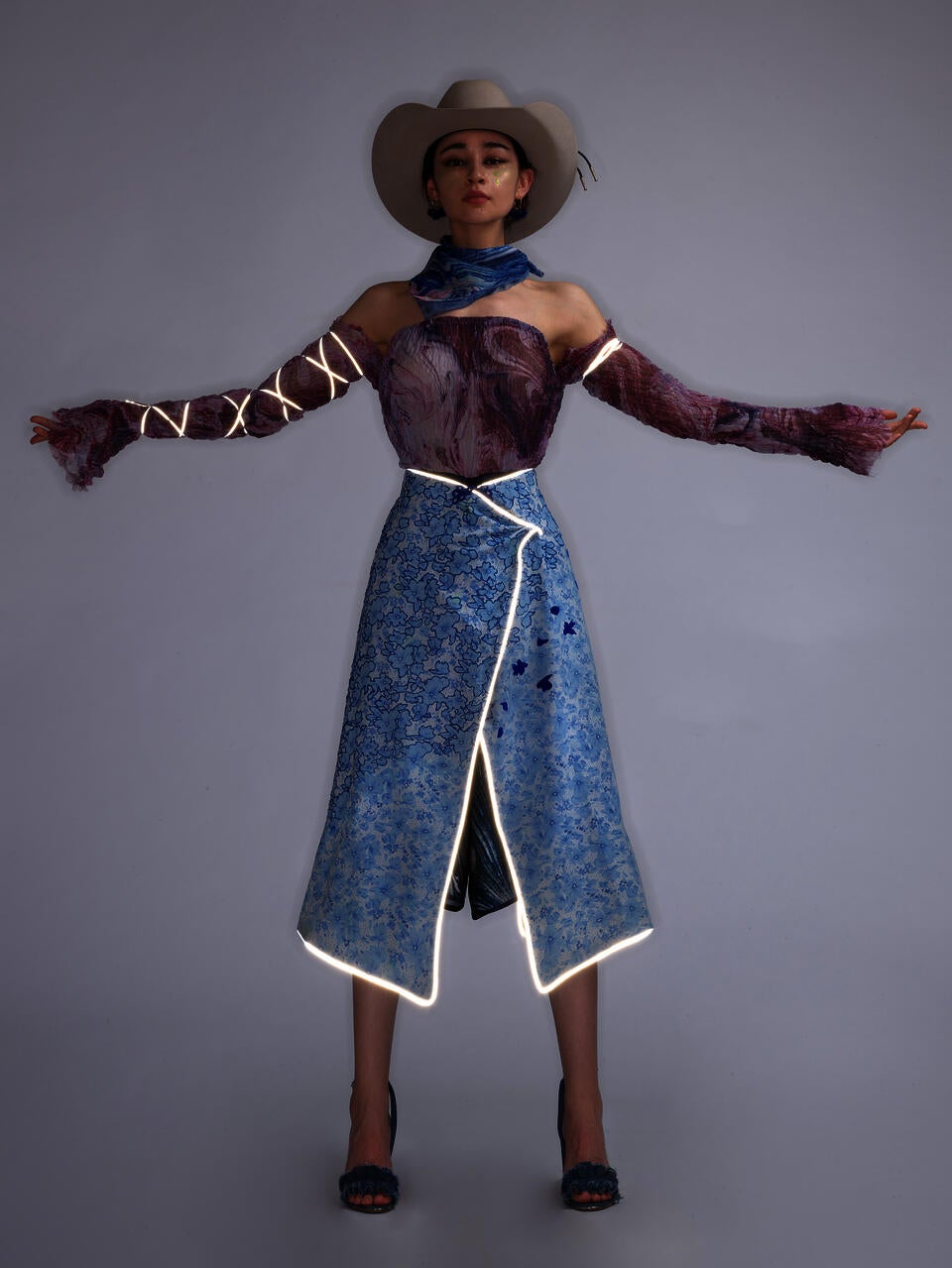 purple pleats dress with recycled bed sheet skirt 