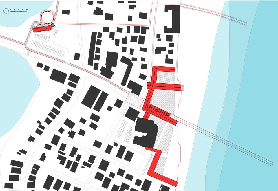 A plan drawing showing the relationship between trail systems and the Casino Square area adjacent the beach.
