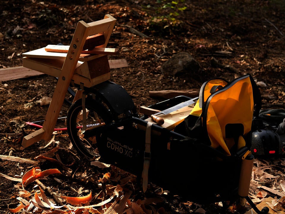 Picture of the Manual Mobile Log Processing Unit set up as a shavehorse