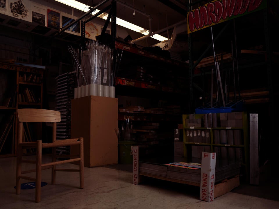 Photo of Analog | Digital | Analog, a replica of the J39 chair, in the place which its primary materials were purchased,the RISD 3D store