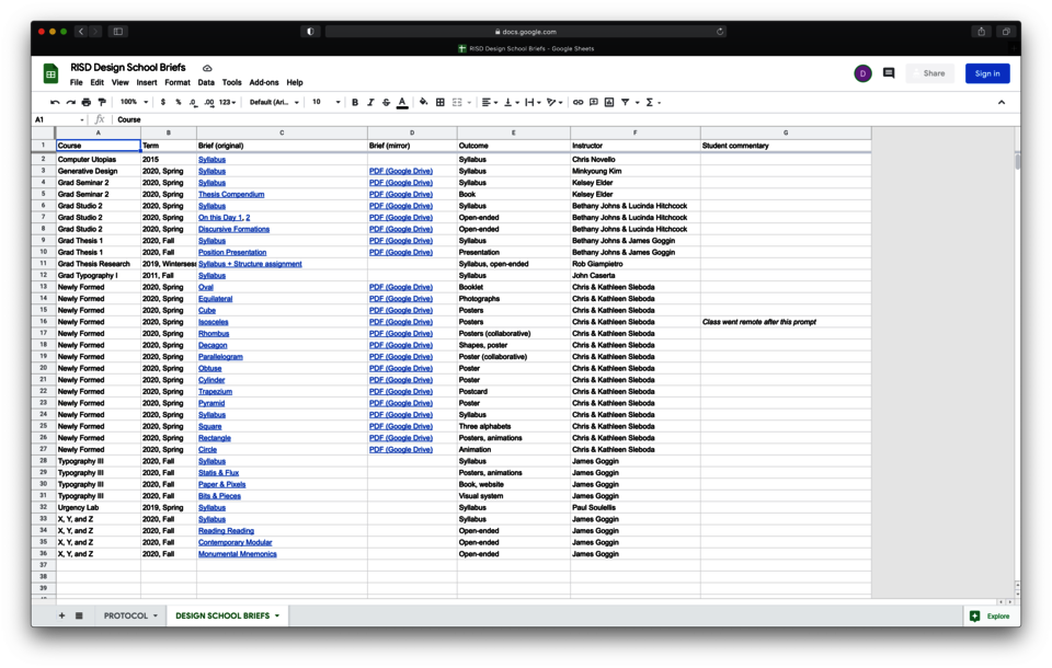 Design School Briefs shared spreadsheet