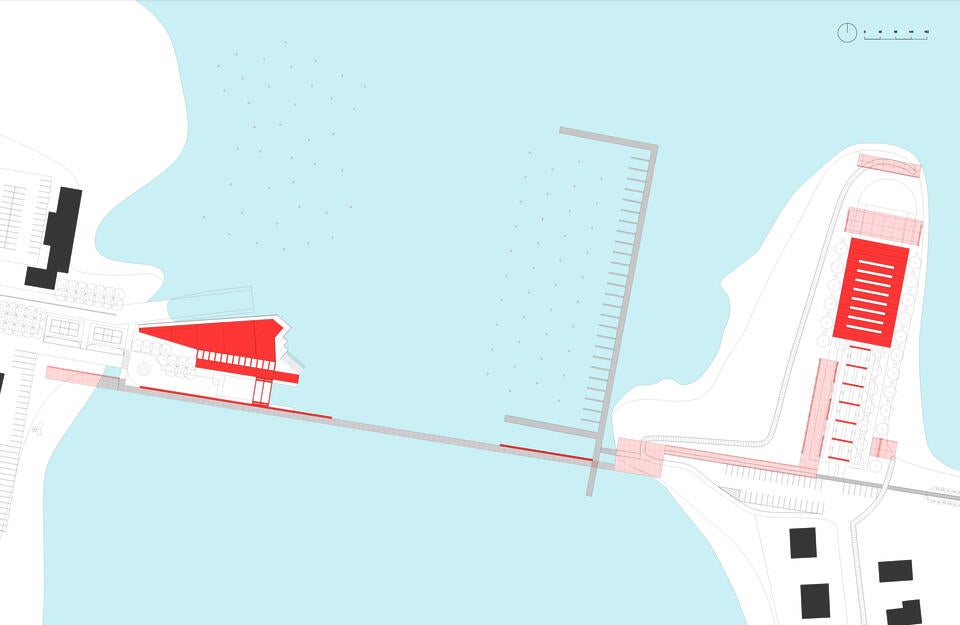 A plan drawing showing the relationship between the harbor park facilities and the market park adjacent the marsh.