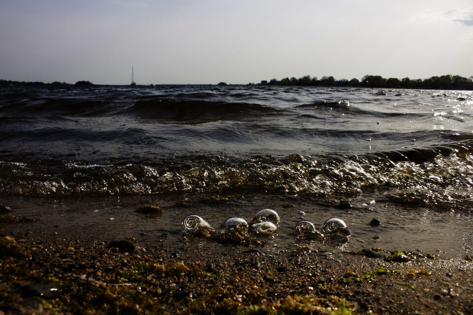 Several glass shells placed on the beach, glass shells in the background can see the sky and the sea
