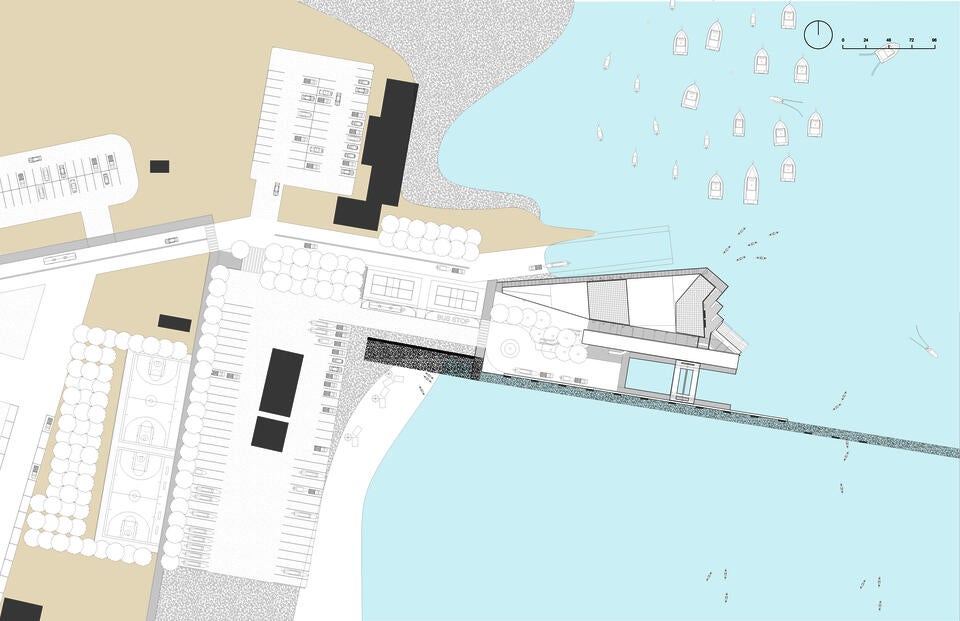 A drawing of the harbor park facility and its connection to the bridge