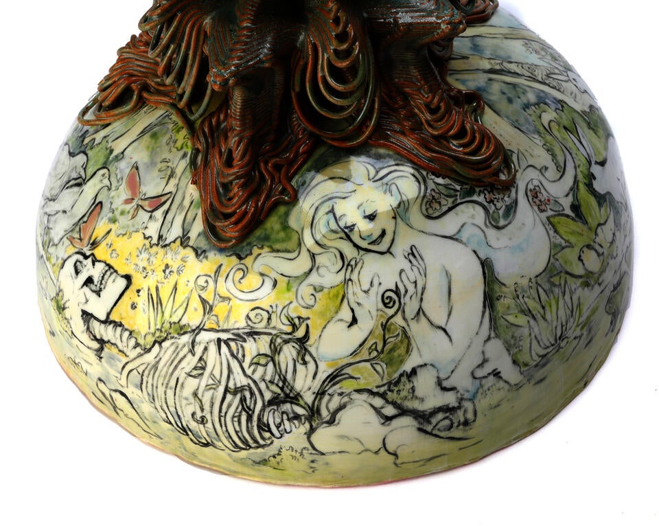 Illustration on Spring Vessel of a ghost talking to a plant growing out of a skeleton. 