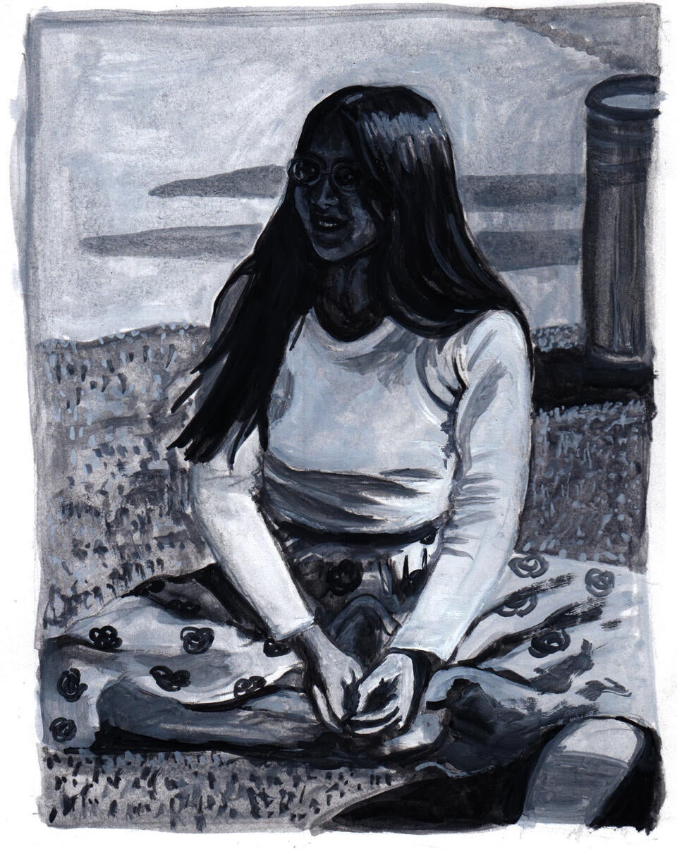 A black and white gouache painting of a young woman sitting in the grass. My mother at 16!