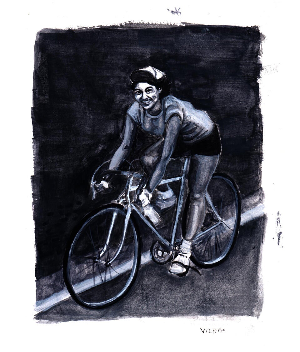 A black and white gouache painting of a woman riding a bicycle. My mother at 19.