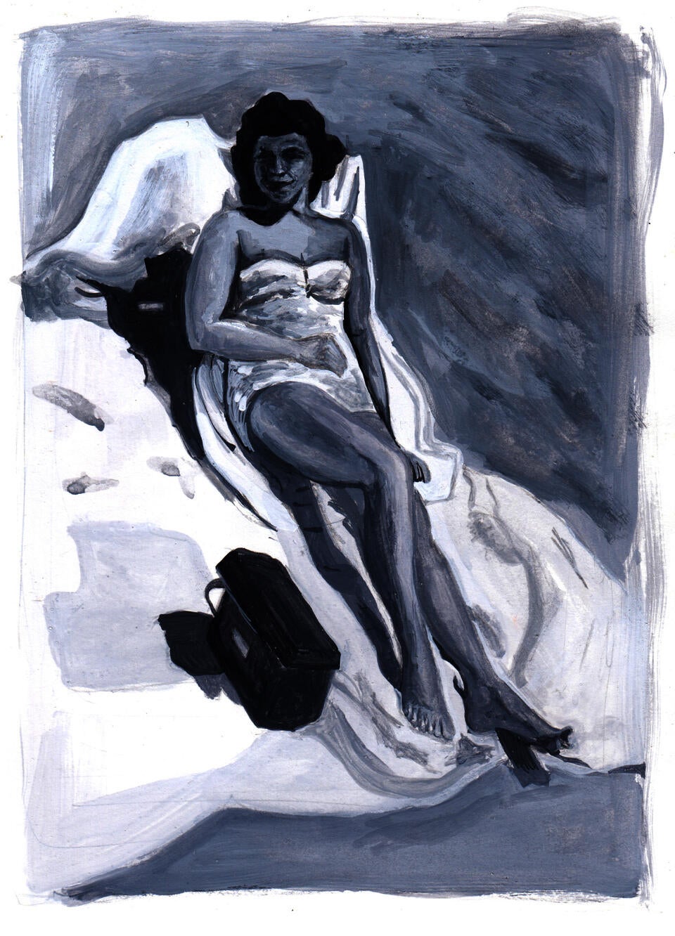 A black and white gouache painting of a woman sitting on the beach. My great grandma Hildy.
