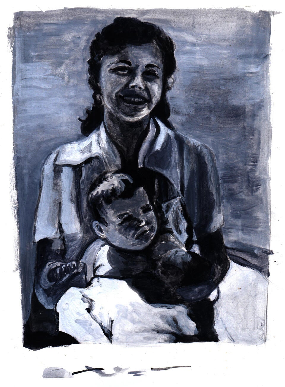 A black and white gouache painting of a woman holding a baby. My great grandma Hildy and my grandma Laurie.