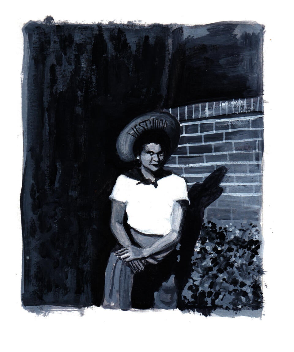 A black and white gouache painting of a woman sitting in the sun. My great grandma Victoriana.