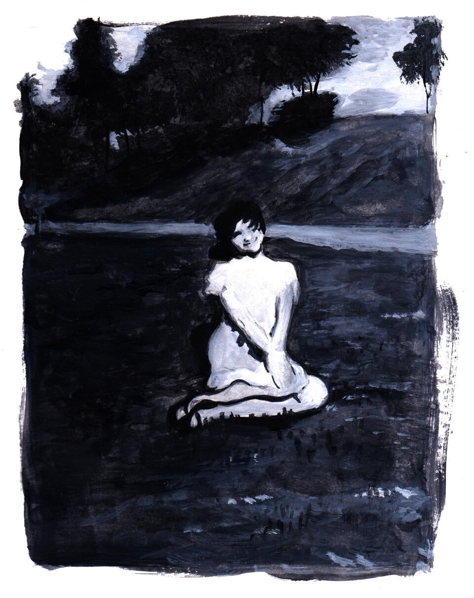 A black and white gouache painting of a young girl sitting in the grass. My grandma Hildy.
