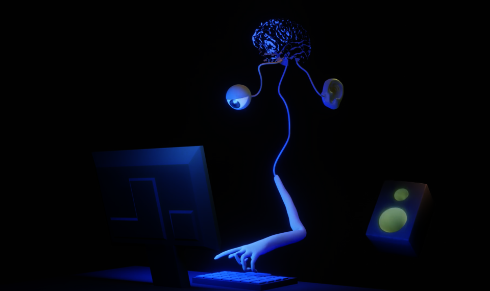 Computer generated image of a brain (top, middle) with an eye (left), ear (right) and arm (bottom, middle) branching out. The eye and arm are working on a computer (eye staring at screen, hand typing on a keyboard) while the ear is facing a speaker (right side)