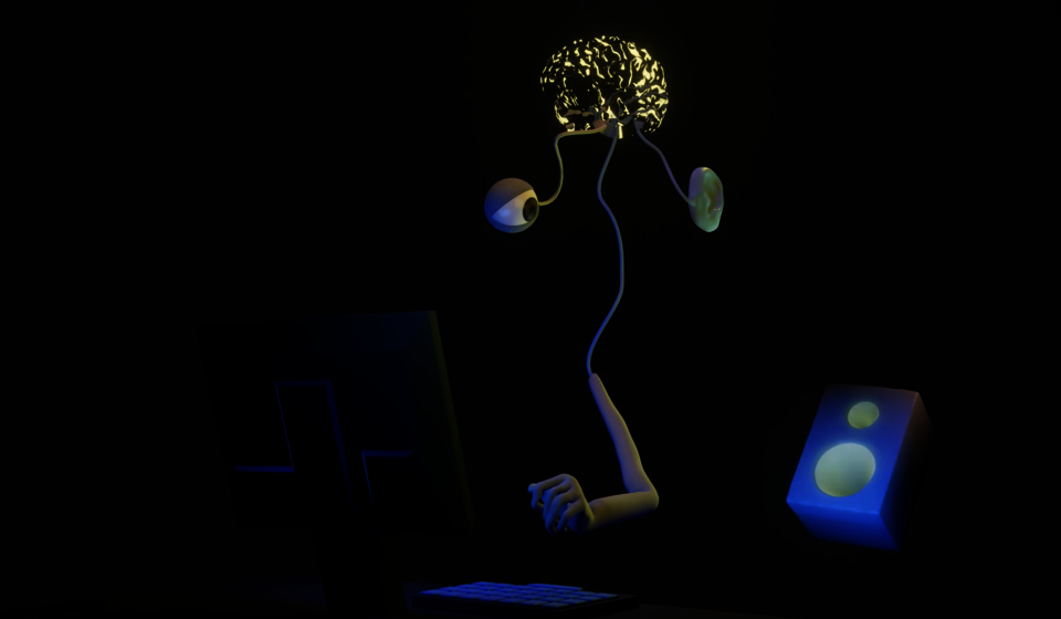 Computer generated image of a brain (top, middle) with an eye (left), ear (right) and arm (bottom, middle) branching out. The eye and arm are no longer working on the computer because the speaker is pulling their attention away (music is too salient)