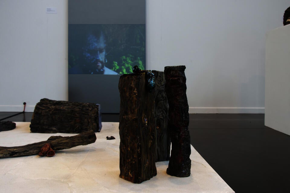 Installation view of ceramic tree trunks, and video of nest performance.