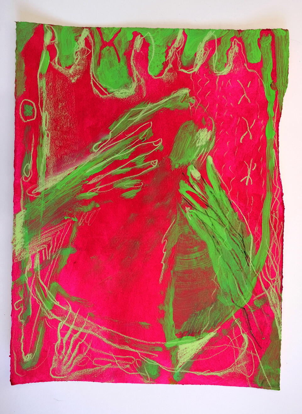 Photo of pink and green drawing with hands clutching an upturned face