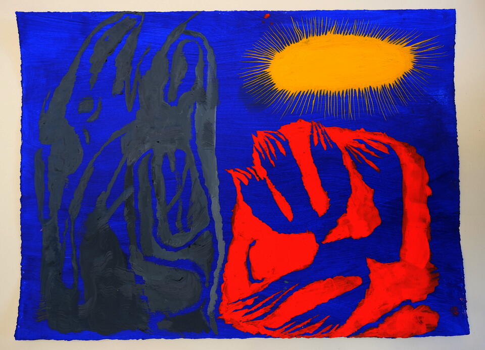 Photo of a drawing in primary colors with pointy, totemic shapes and a spindly yellow sun